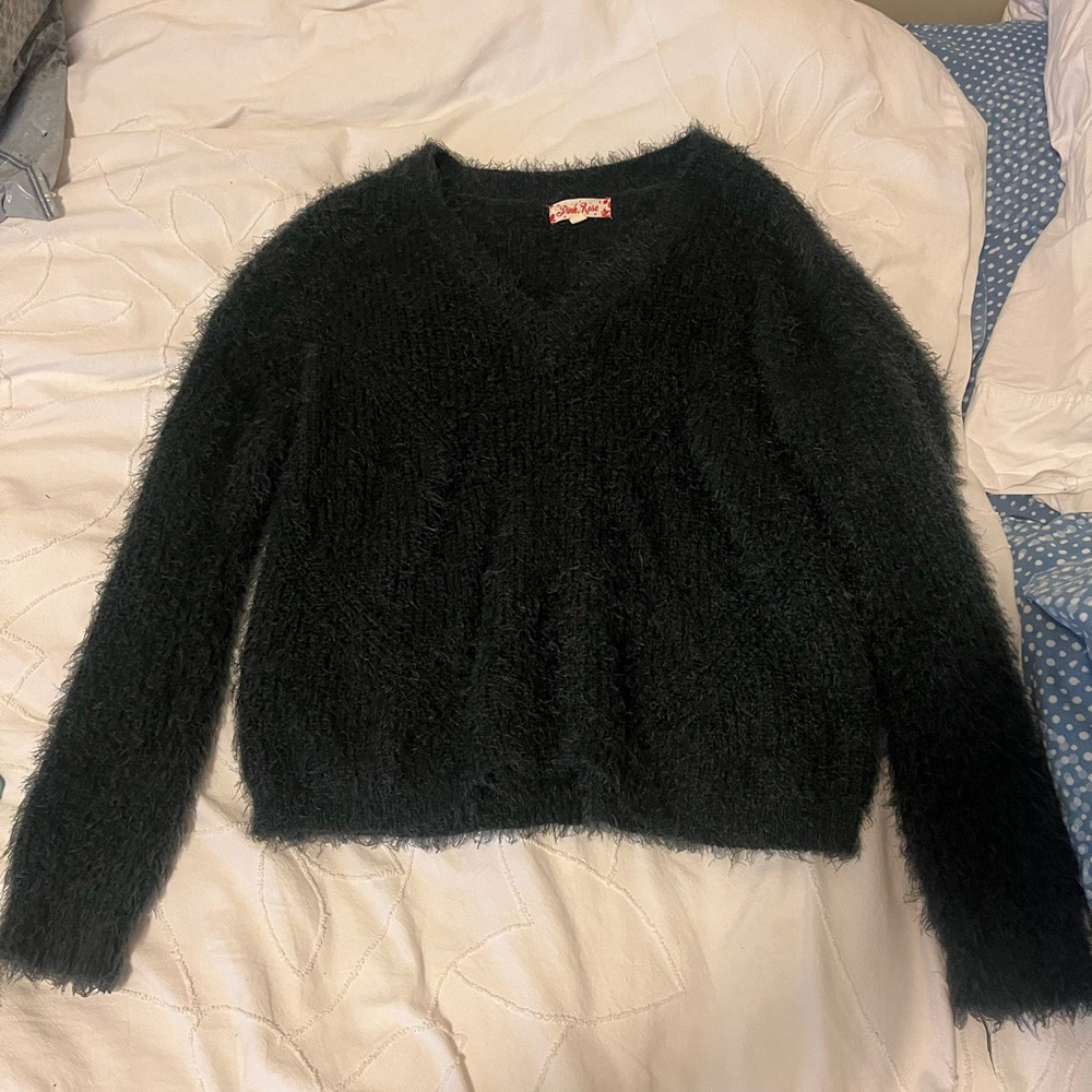 Pink Rose Green V-Neck Sweater Fluffy Knit